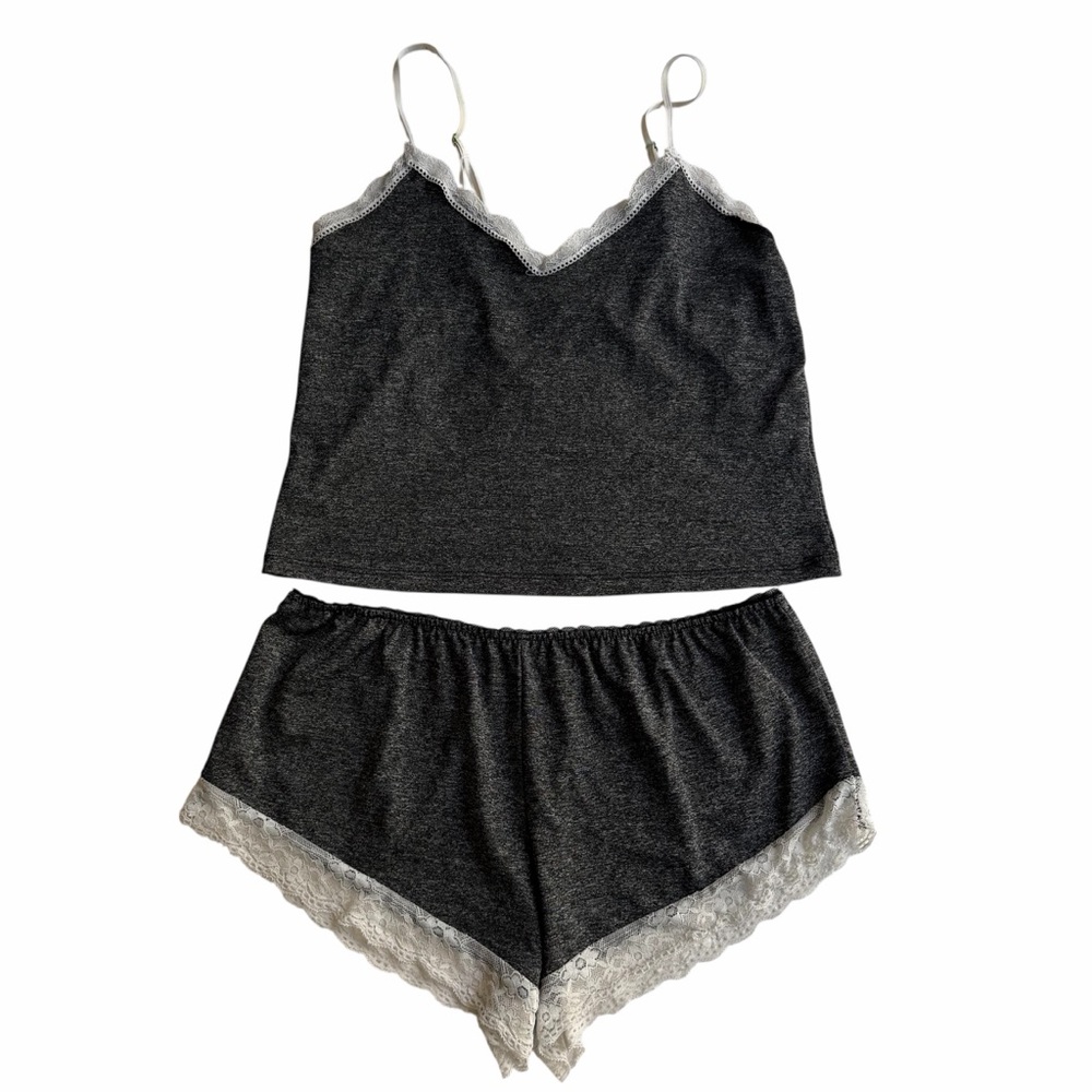 Women's Dark Grey High Stretch Sleepwear Set With Contrast Lace Trim